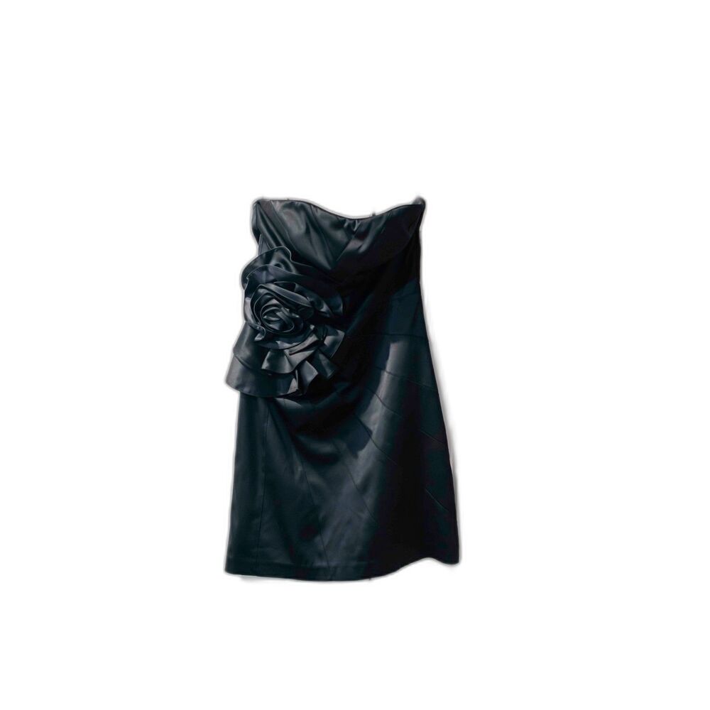 WHBM Little Black Cocktail Dress Rose Detail Semiformal Strapless Satin Mini 10